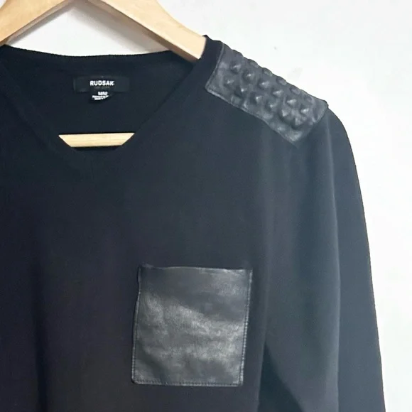Rudsak black pullover sweater with leather pocket and leather shoulder patches - Picture 5 of 5